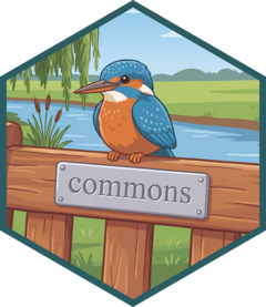 The package's hex sticker; a Common Kingfisher drawn in a cartoonish style, sitting on a park bench with a plaque reading 'commons'. Behind the bird is an open green space.
