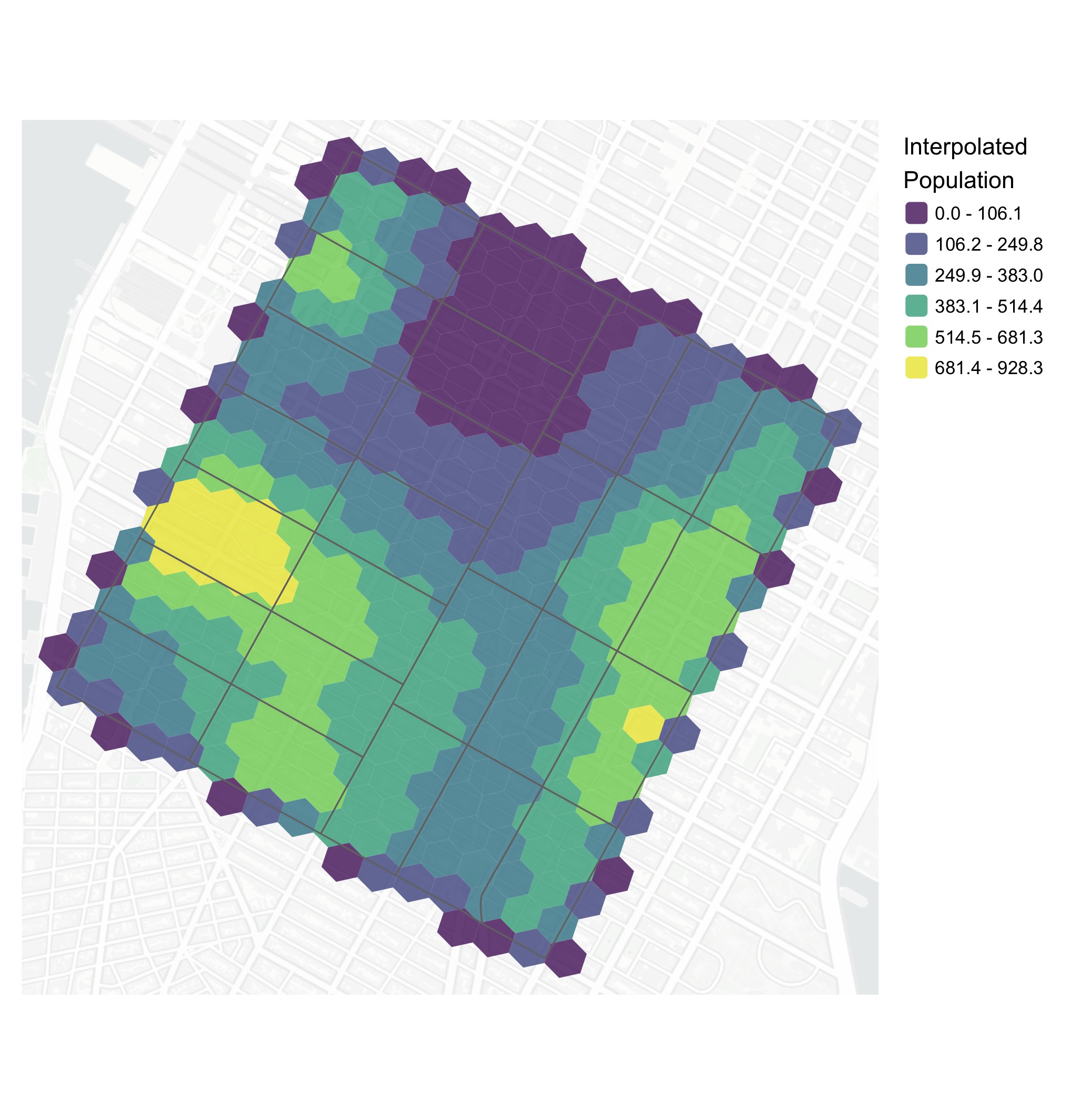 Census tract population counts interpolated to an H3 grid.