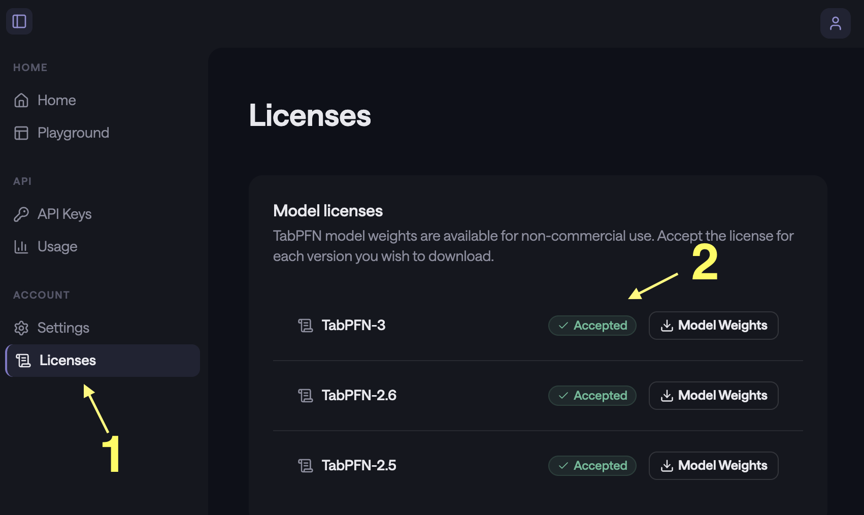 Screenshot of the PriorLabs UX portal Licenses page