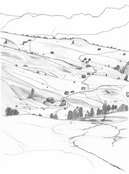 A pencil sketch of an alpine landscape with winding trails